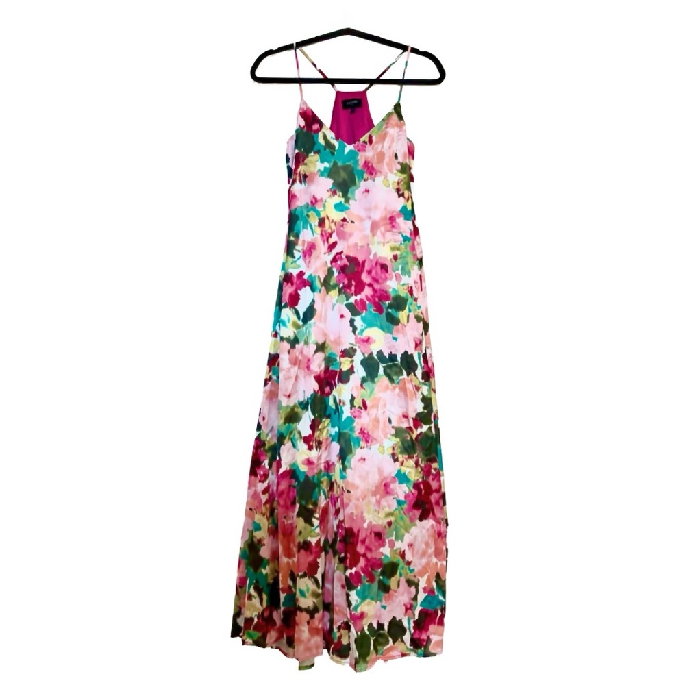 Tahari ASL Floral Watercolor Print Spaghetti Strap Halter Back Maxi Dress | XS